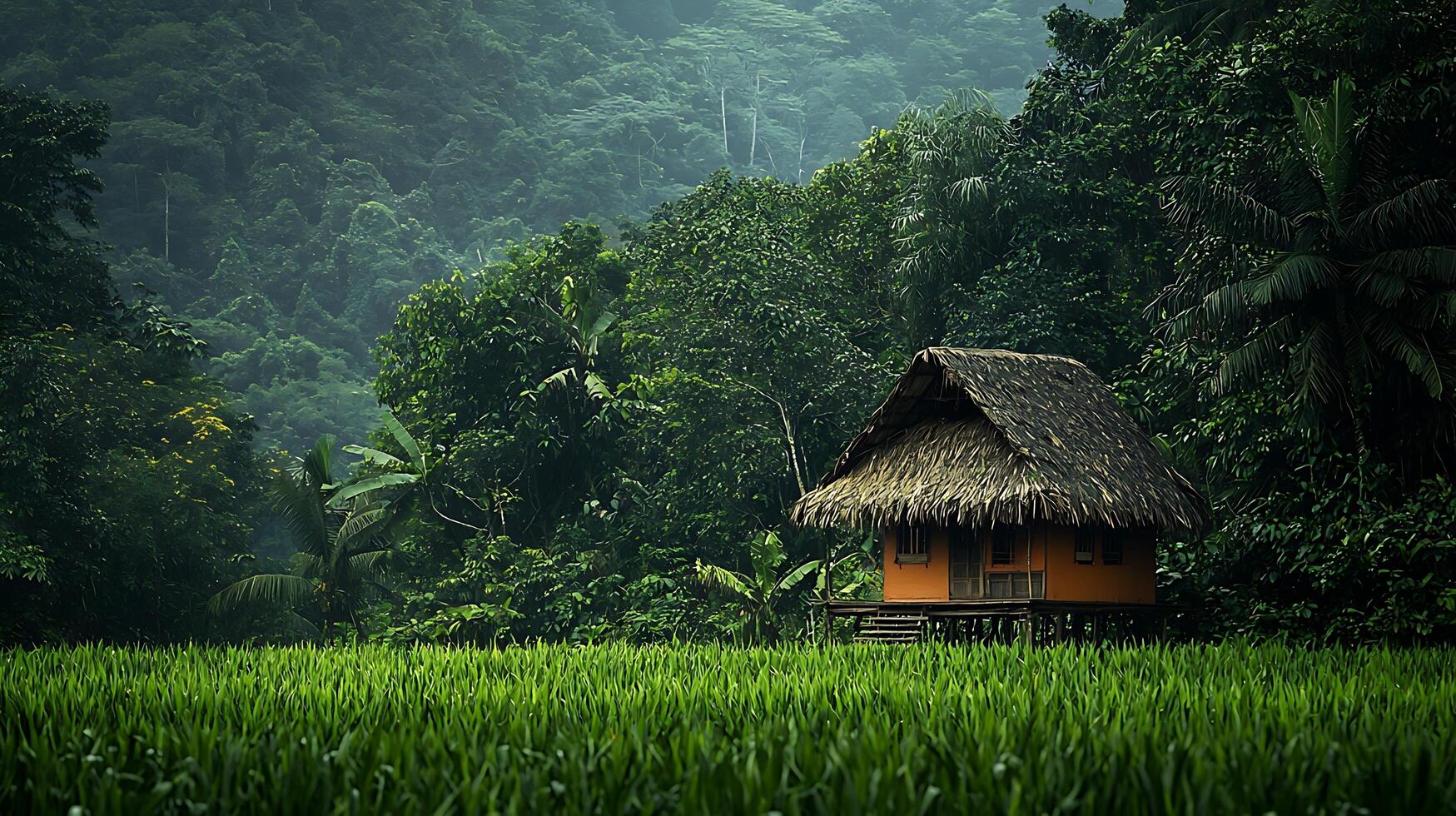Idyllic tropical hut nestled amidst lush green foliage and dense jungle. photo
