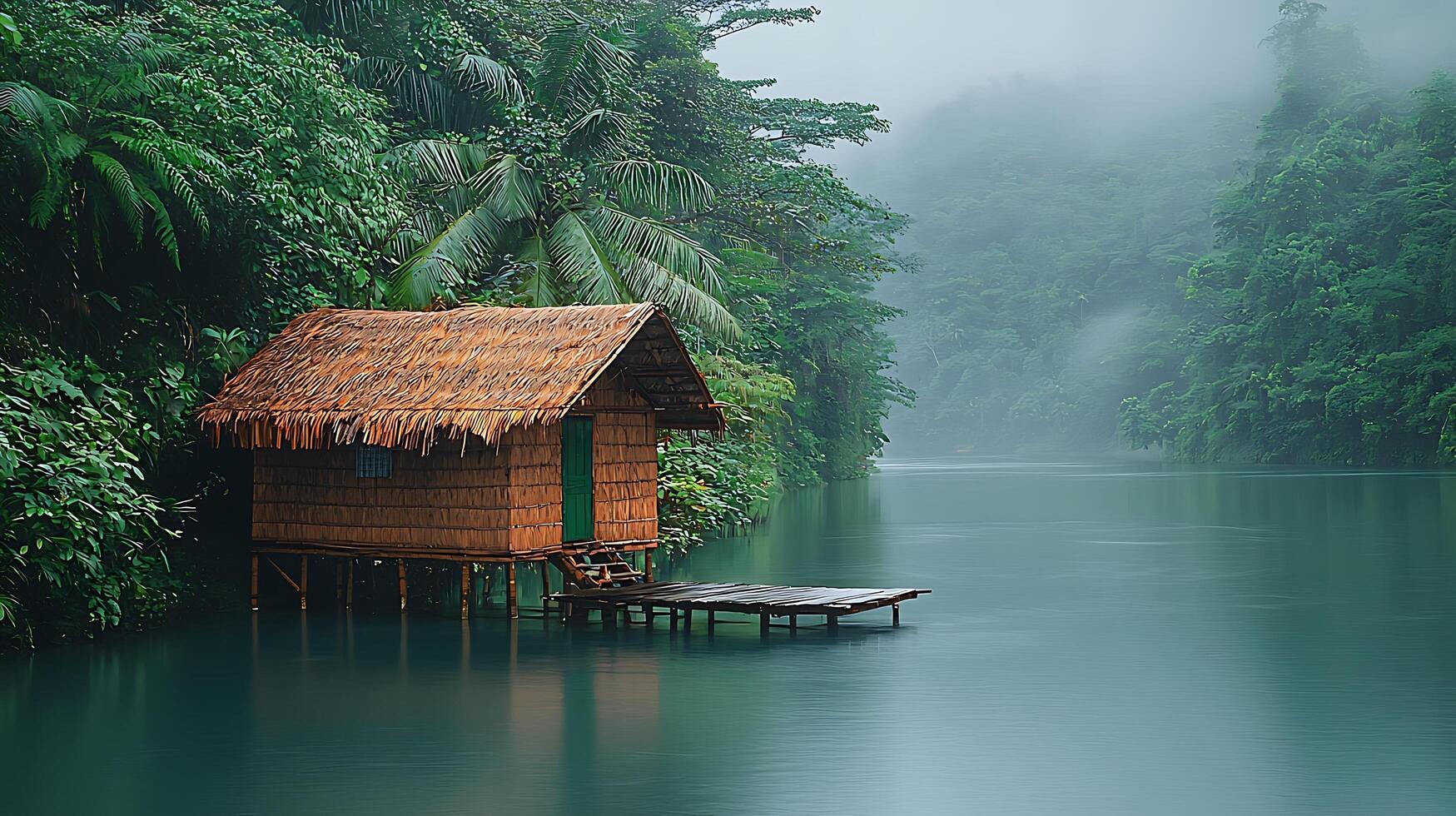 Serene bamboo hut nestled on a tranquil lake amidst lush tropical foliage. photo