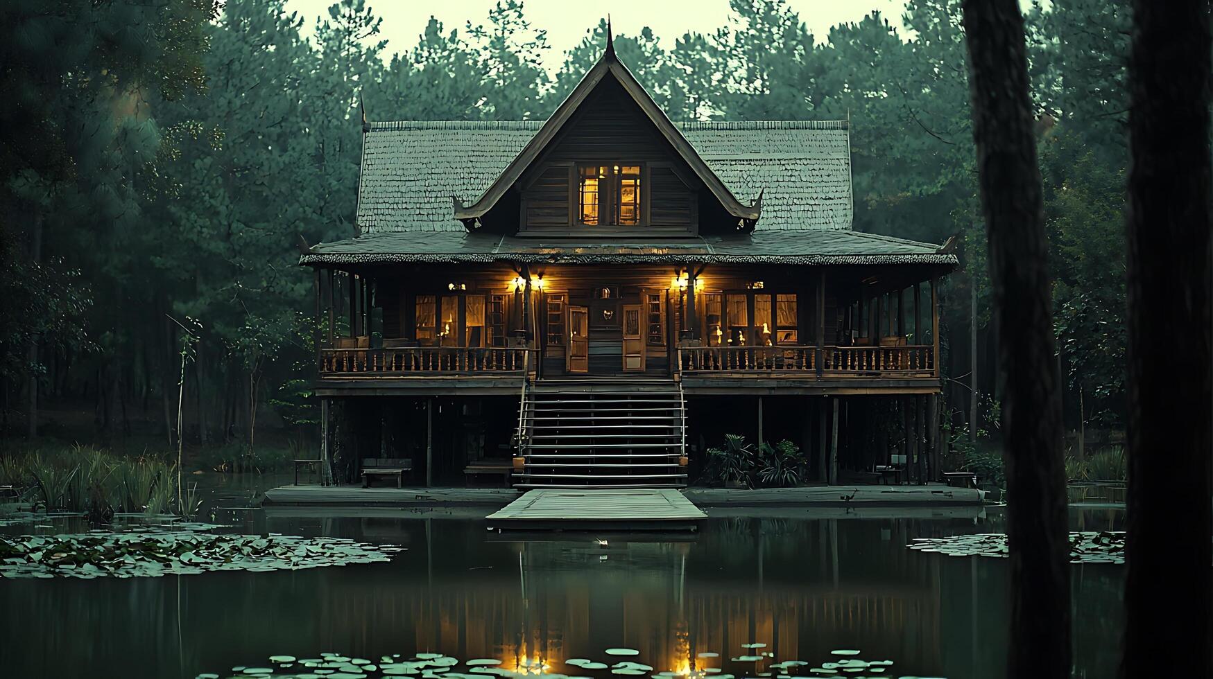 Enchanting wooden lodge nestled by a tranquil forest lake, illuminated by warm interior lights at dusk. photo