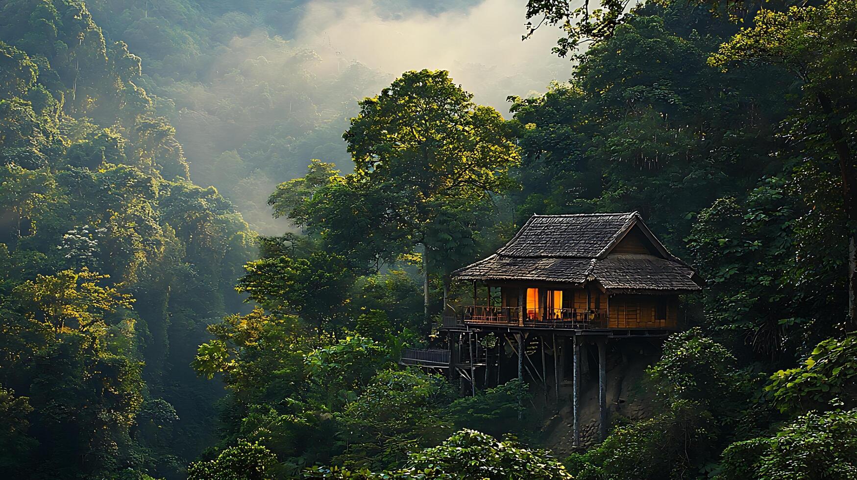 Enchanting jungle lodge bathed in the warm glow of morning sunlight. This secluded retreat offers a serene escape nestled amidst lush green foliage and misty valleys. photo