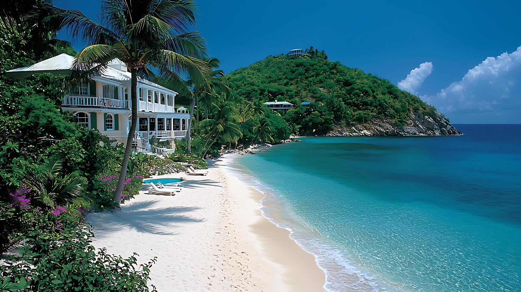 Tropical paradise beachfront villa with turquoise waters and lush greenery. Enjoy the ultimate relaxation at this idyllic island escape. photo