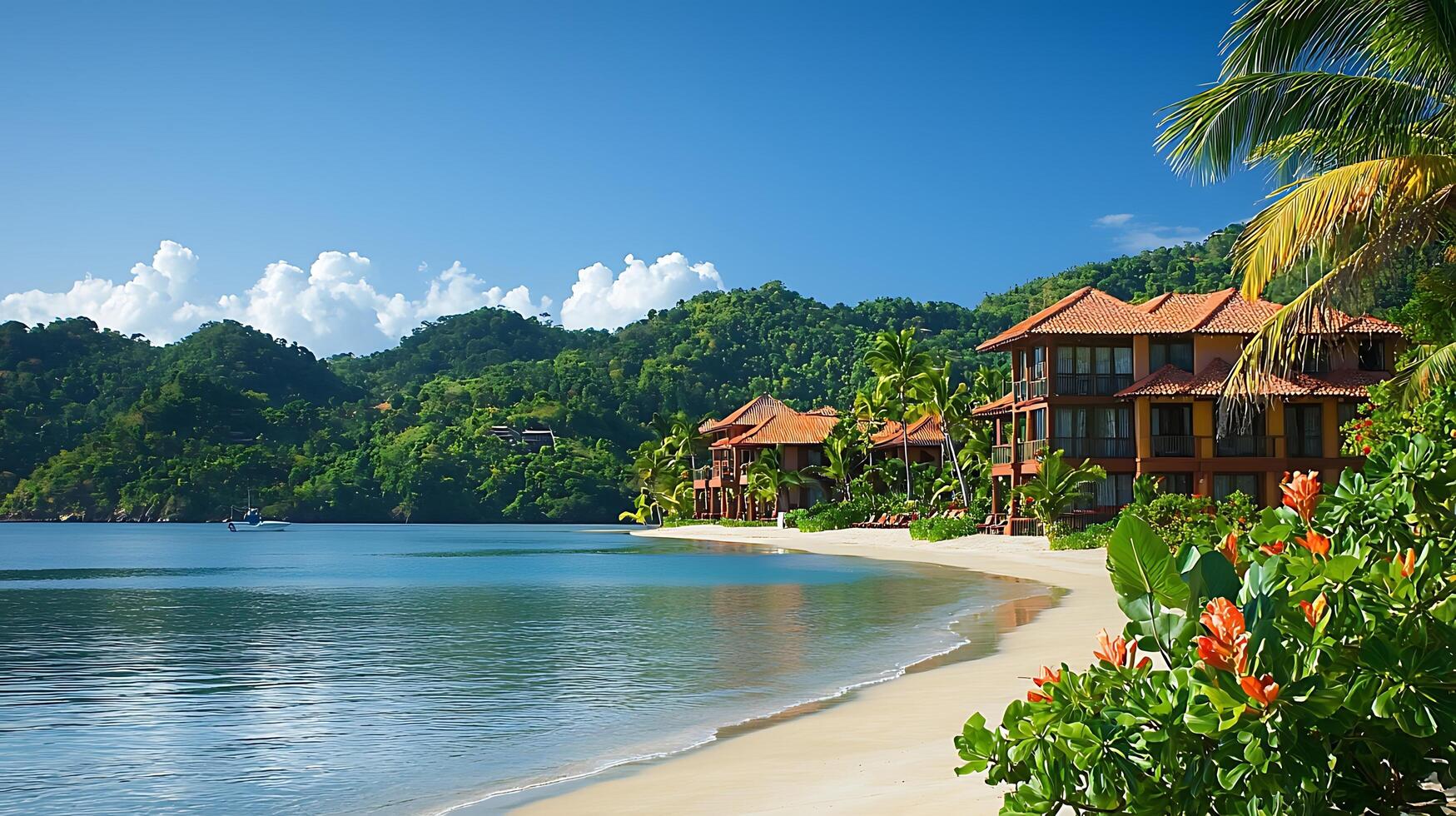 Luxurious tropical resort nestled on a pristine beach with lush green mountains in the background. photo