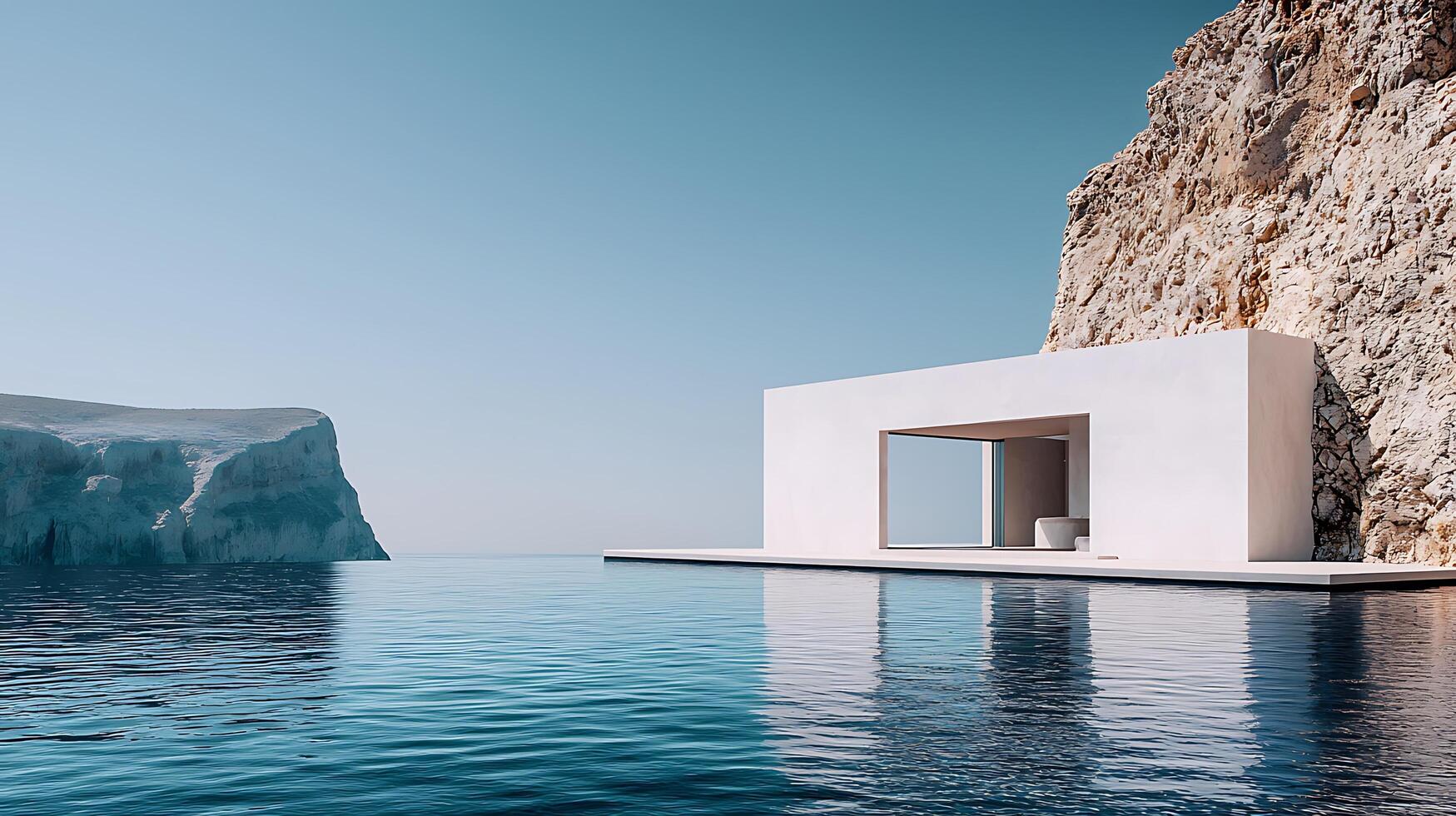 Modern minimalist architecture meets dramatic natural landscape with a serene infinity pool. photo