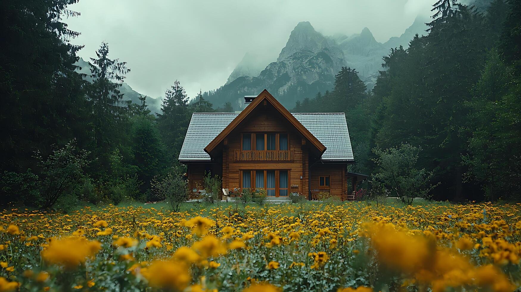 Idyllic wooden cabin nestled amidst a vibrant field of yellow wildflowers with misty mountains in the background. This serene scene captures the essence of a peaceful retreat in nature's embrace. photo