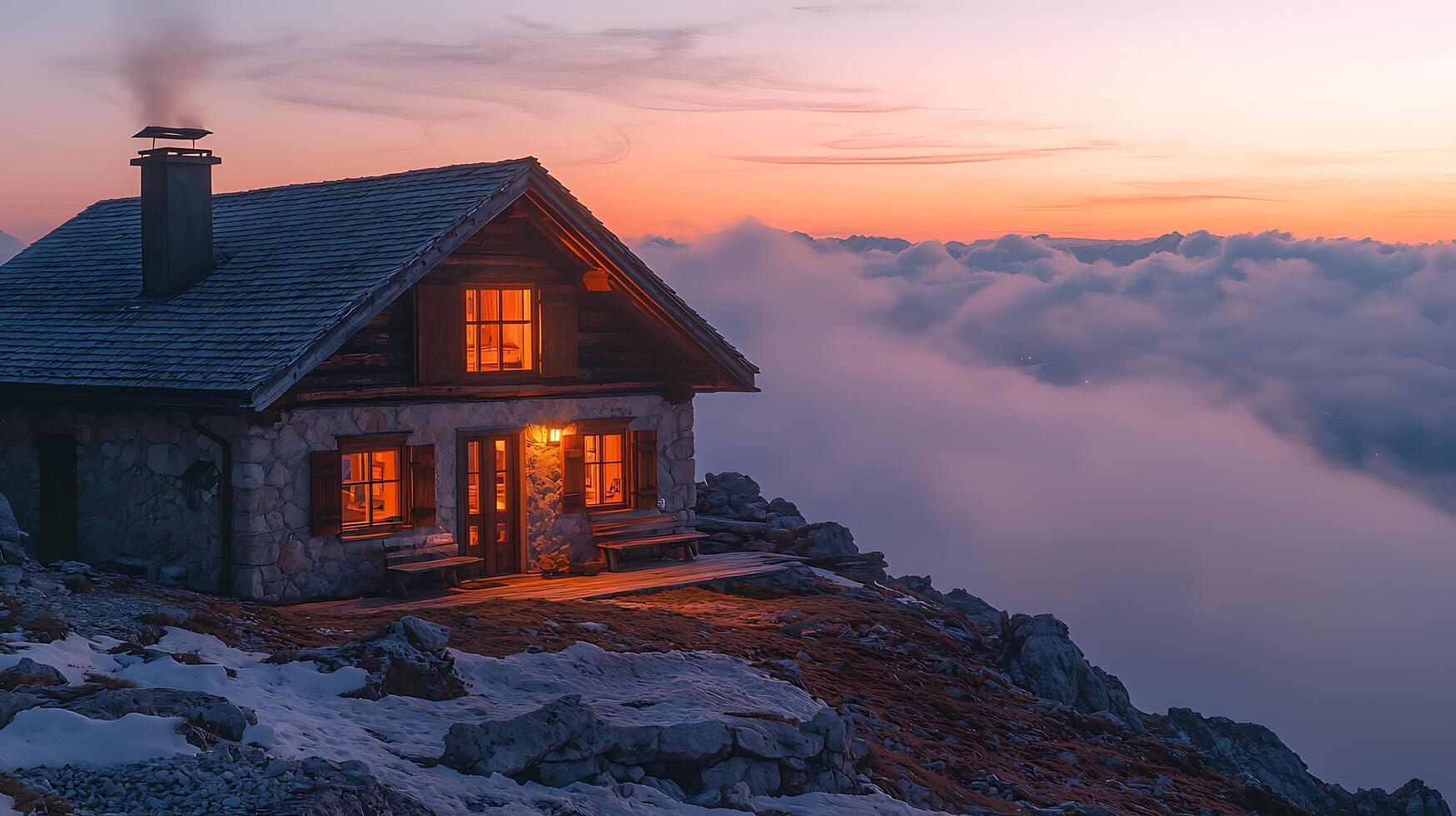 A cozy mountain hut glows warmly against a breathtaking sunset sky, perched high above a sea of clouds. photo