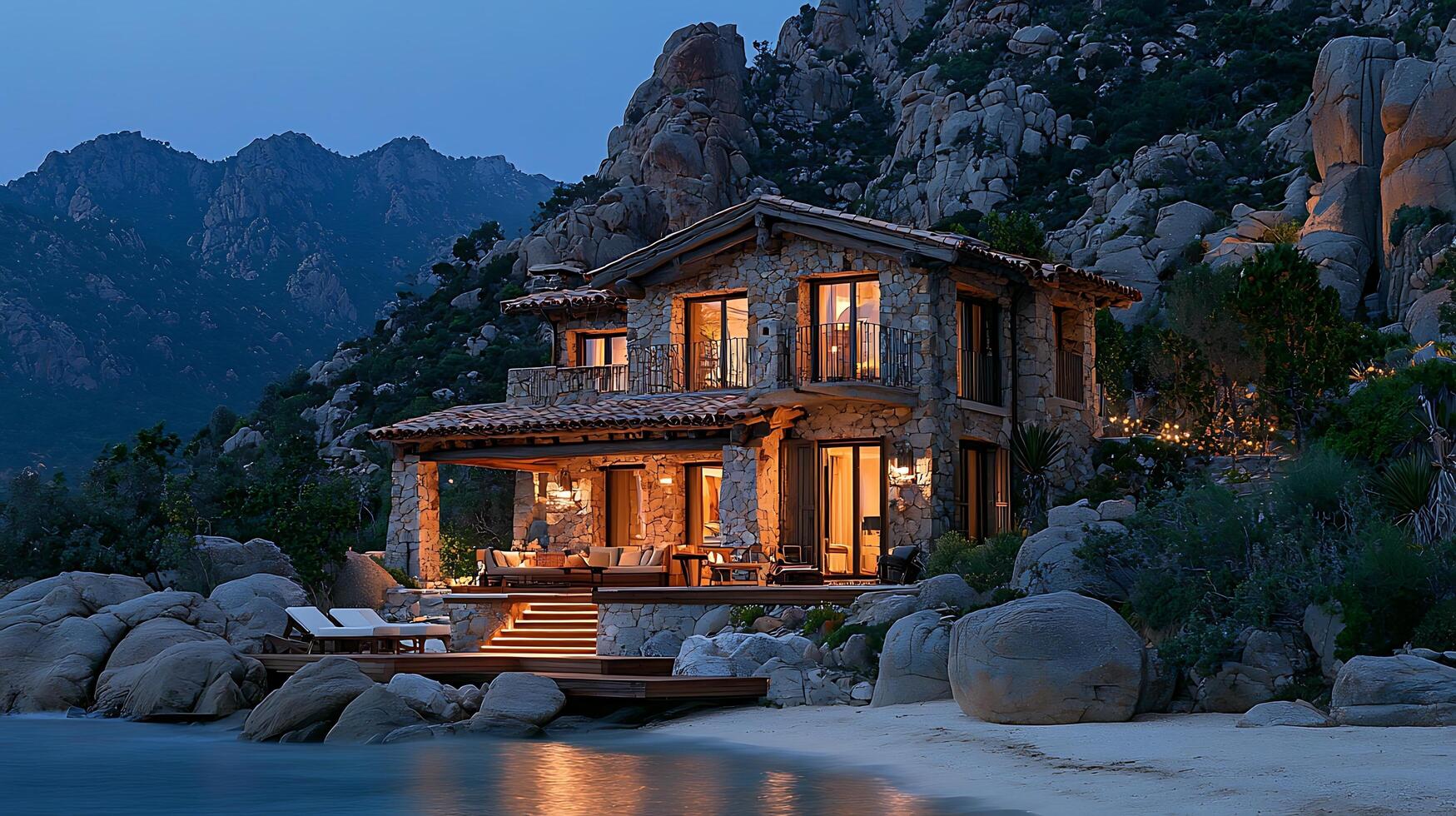 Luxurious stone house perched on a rocky coastline at twilight. The warm lights illuminate the interior and outdoor seating area, inviting relaxation by the sea. photo