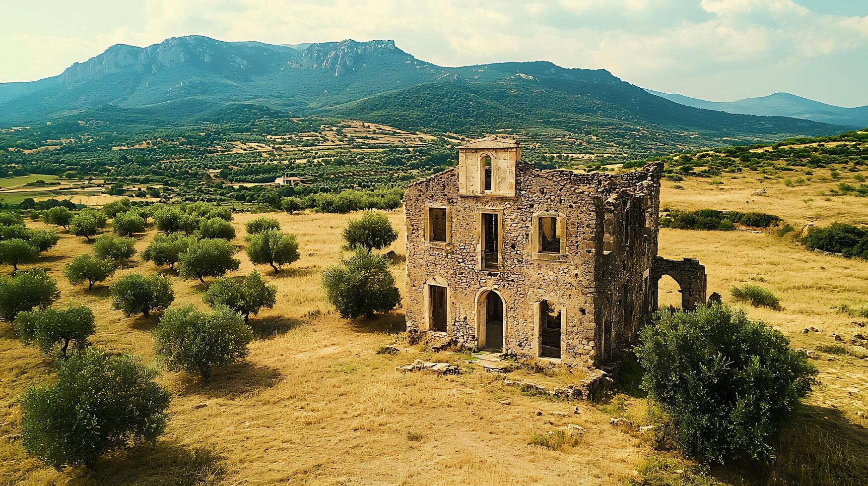 Abandoned stone house ruins nestled amidst olive groves and rolling hills. photo