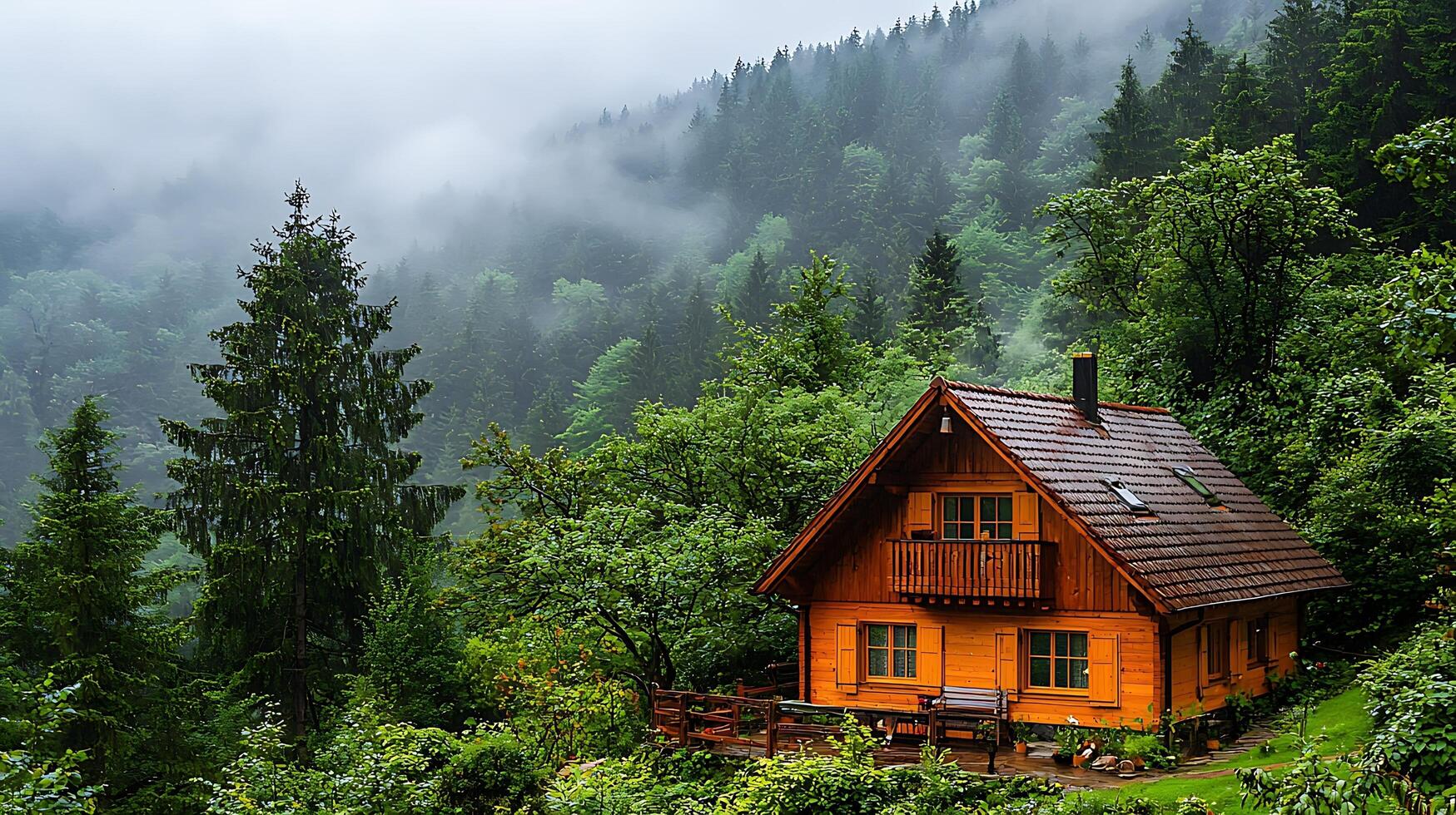 Cozy wooden cabin nestled in a misty, verdant mountain forest. photo