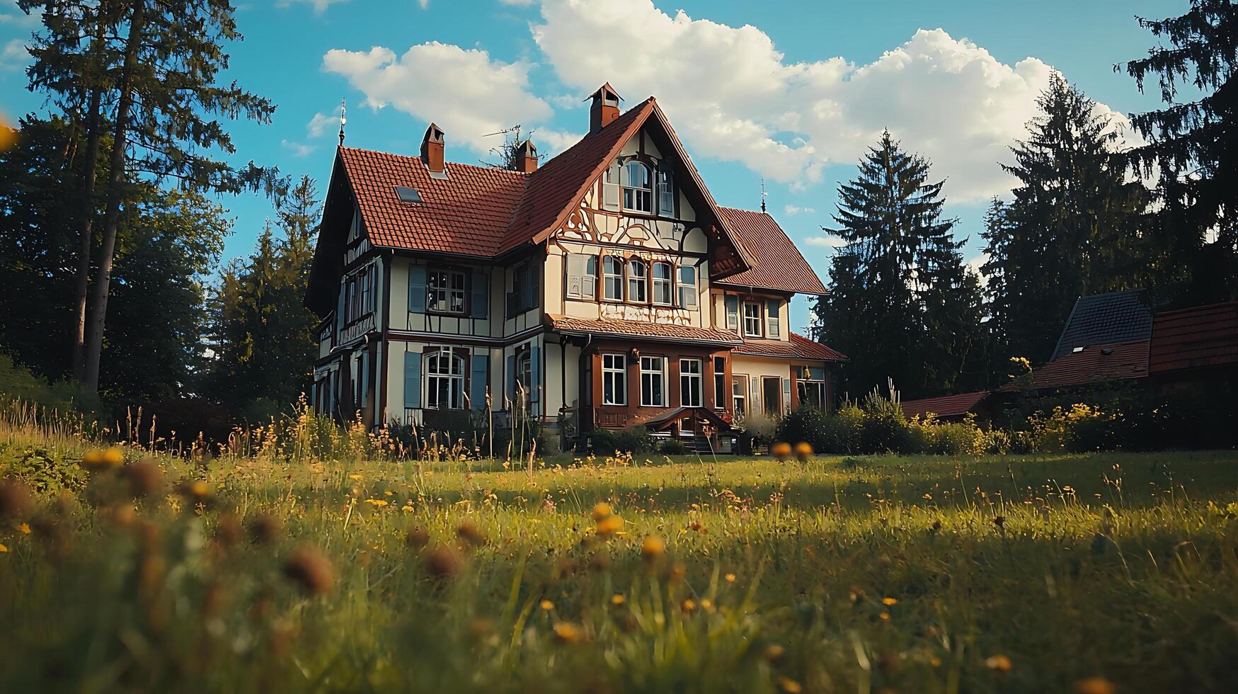 Historic Half Timbered House Nestled Amongst Lush Greenery. This charming residence showcases classic European architectural style, set against a vibrant natural backdrop. photo