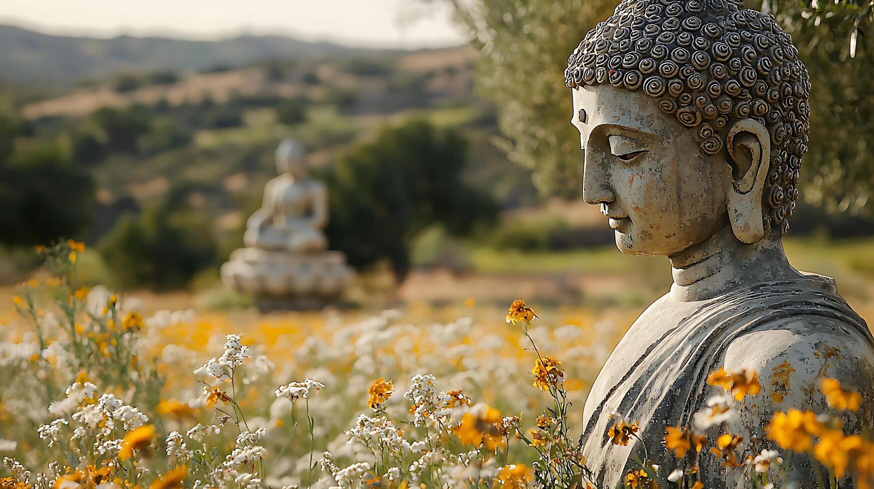 Serene Buddha statue amidst a field of wildflowers under warm sunlight. photo