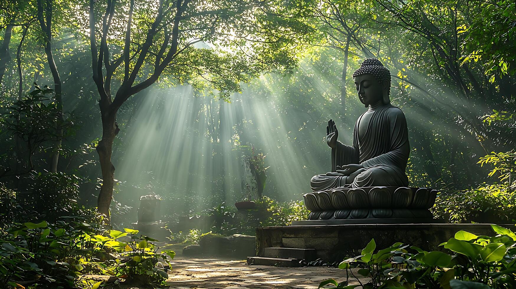 Serene Buddha Statue bathed in Sunbeams within a Lush Forest. photo