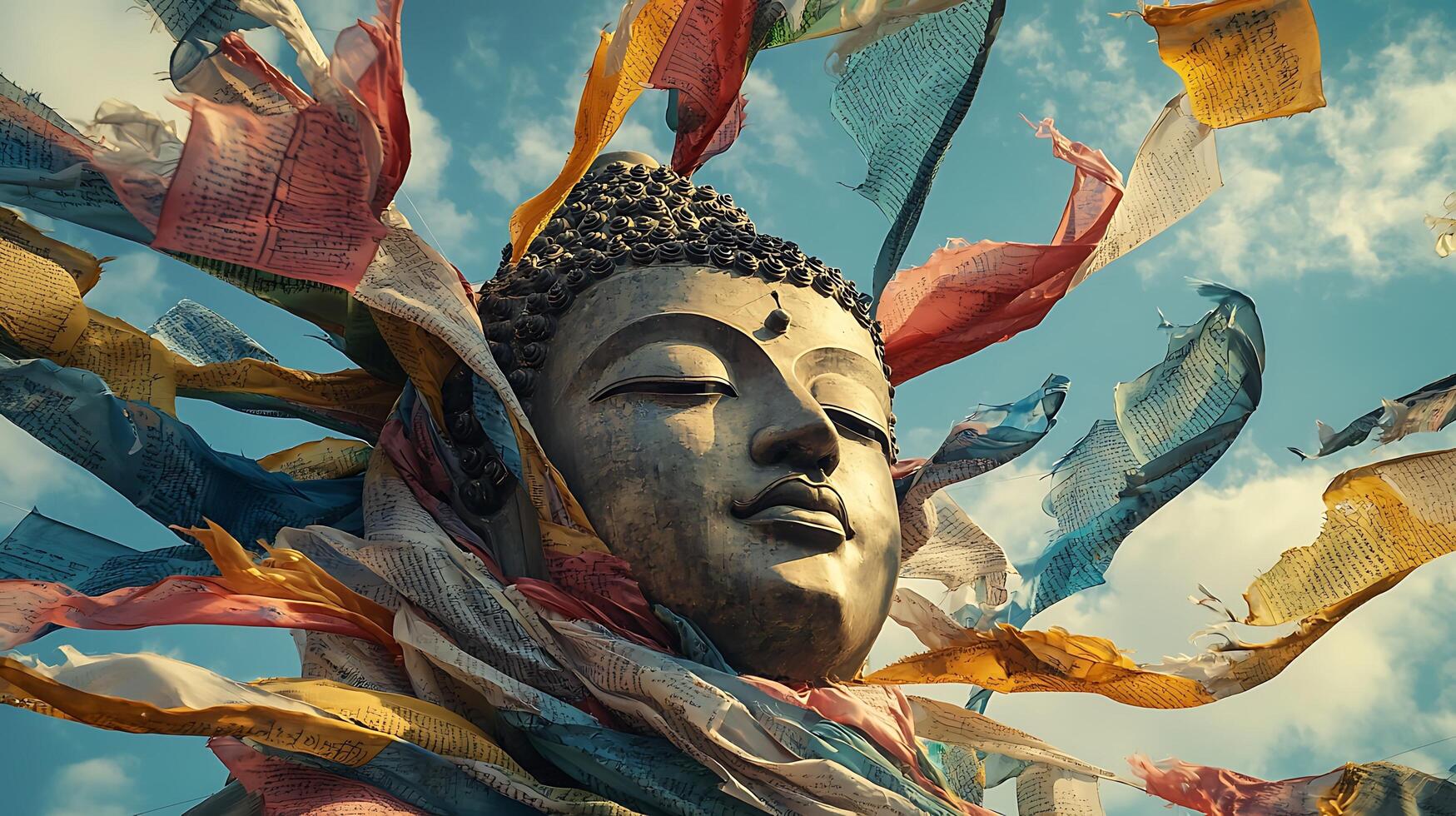 Serene Buddha statue adorned with colorful prayer flags billowing in the sky. This image captures a moment of peaceful spirituality and cultural tradition. photo