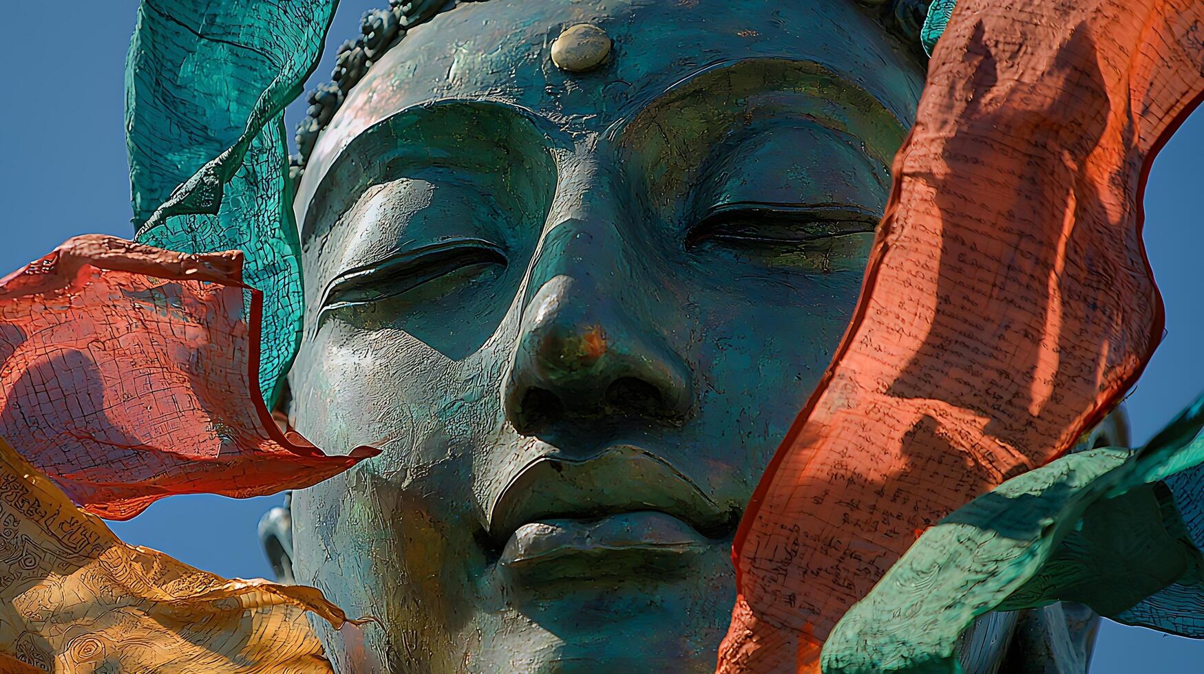 Serene Buddha Statue with Colorful Prayer Flags in the Breeze. This image captures the peaceful expression of a Buddha statue adorned with vibrant, flowing prayer flags against a clear blue sky. photo