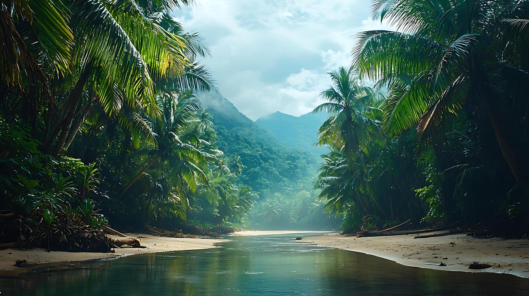 Tropical river flowing through lush jungle with misty mountains. photo