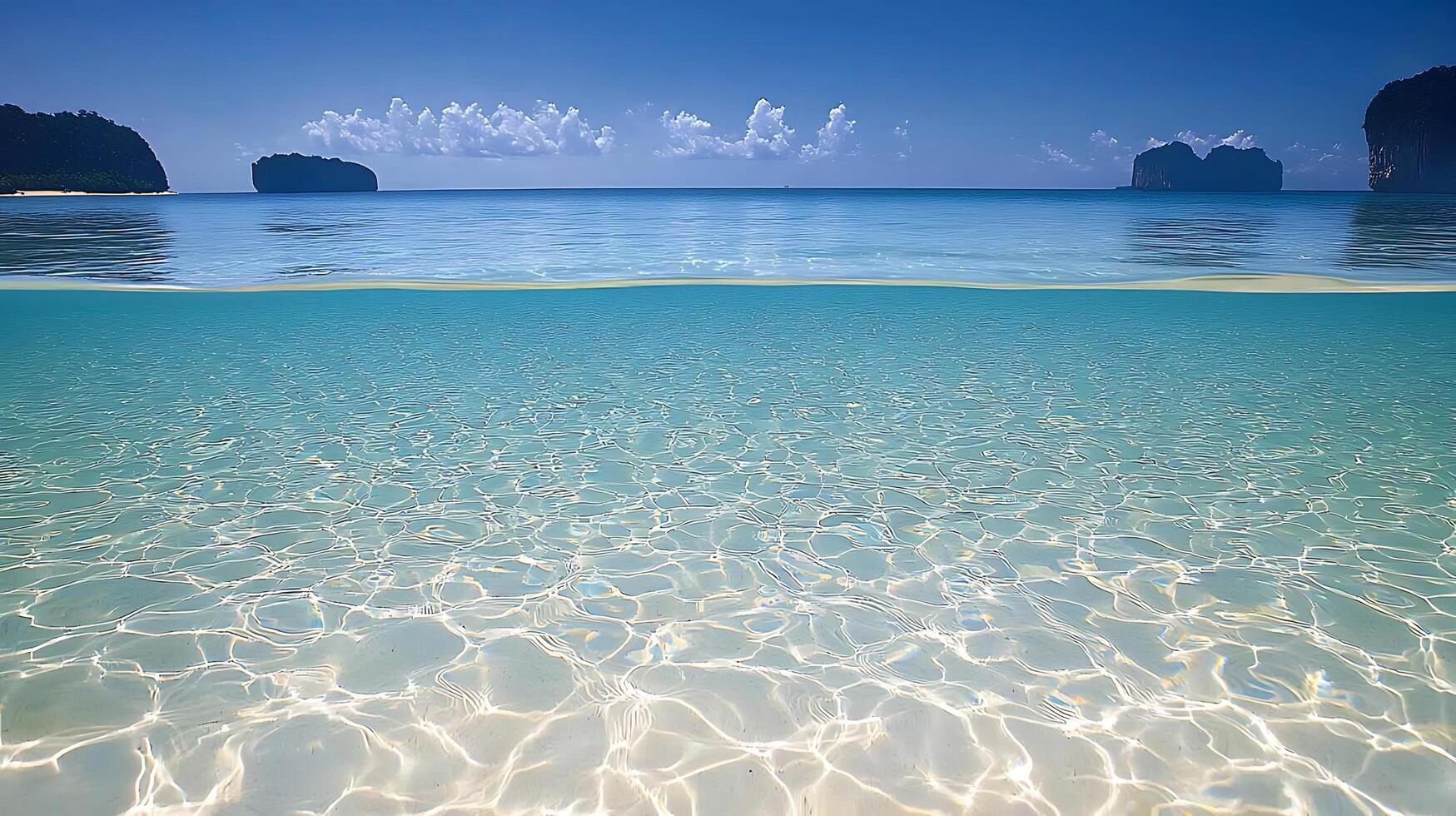 Crystal Clear Tropical Waters with Rocky Islands Under a Blue Sky. photo