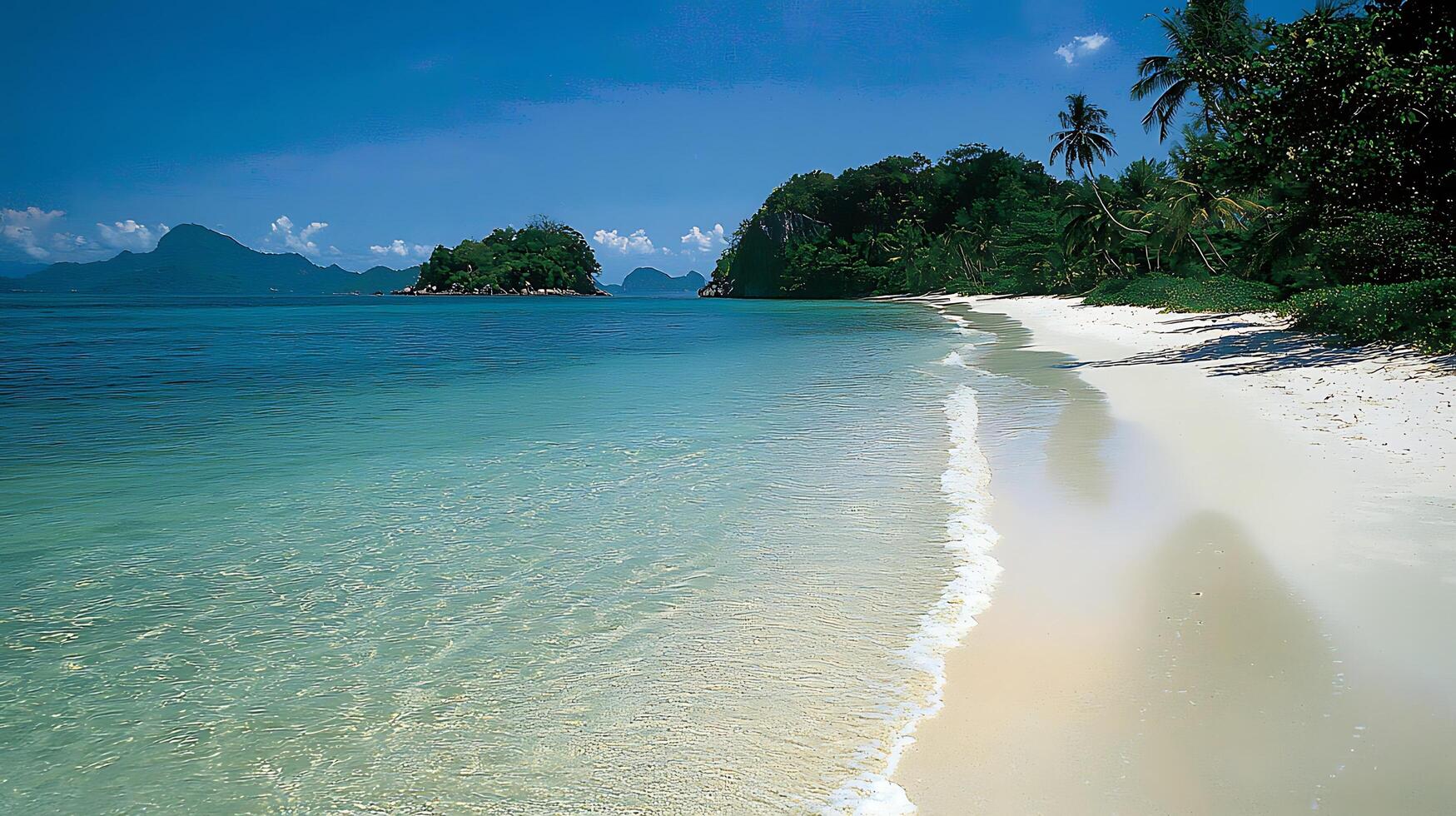 Pristine tropical island beach with turquoise waters and lush green foliage. This idyllic scene captures the beauty of a secluded paradise, perfect for evoking relaxation and wanderlust. photo