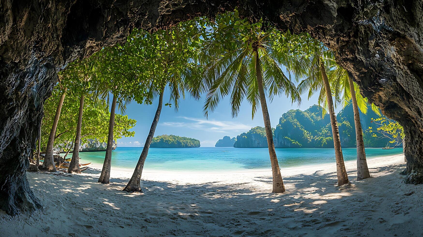Idyllic tropical beach scene viewed from a cave opening with palm trees framing the turquoise ocean. photo