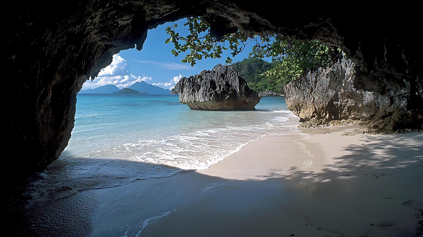 Idyllic tropical beach viewed from inside a cave with calm turquoise waters and lush green foliage. photo