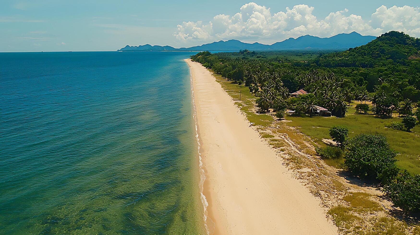 Scenic tropical coastline with lush green foliage and clear turquoise waters. This aerial view captures a serene beach meeting a vibrant jungle landscape under a bright sky. photo