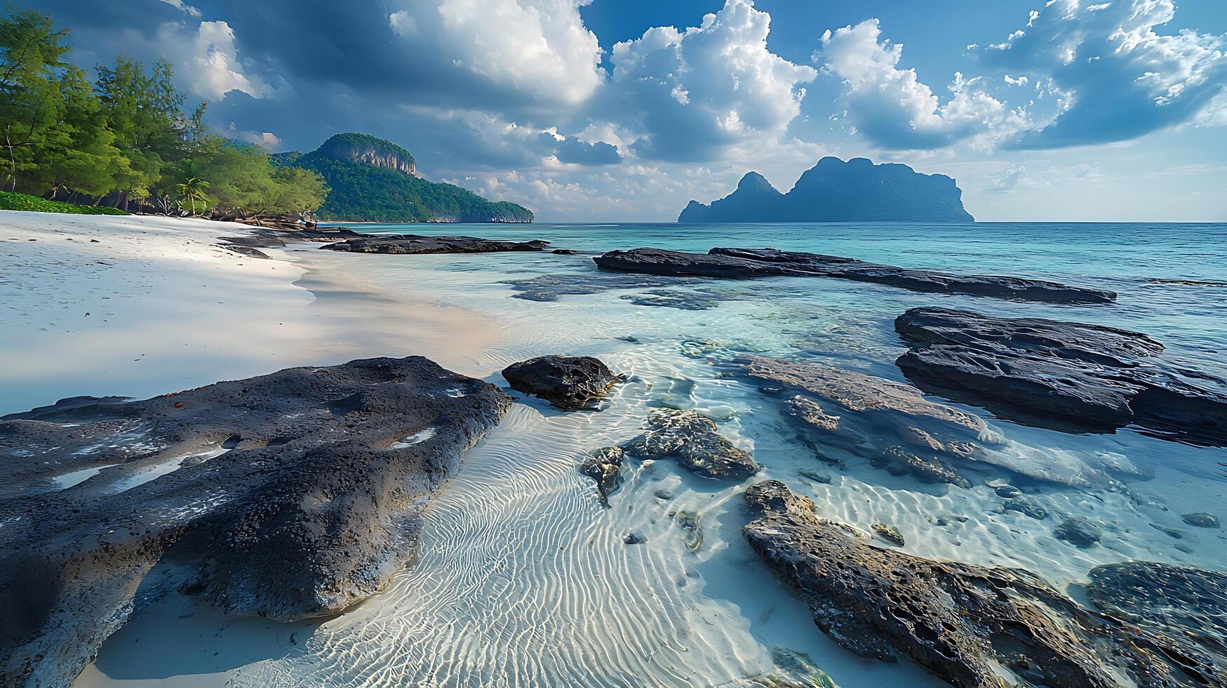 Idyllic tropical beach with clear turquoise water and dramatic clouds overhead. The scene showcases unique rock formations and lush green vegetation framing the pristine white sand. photo