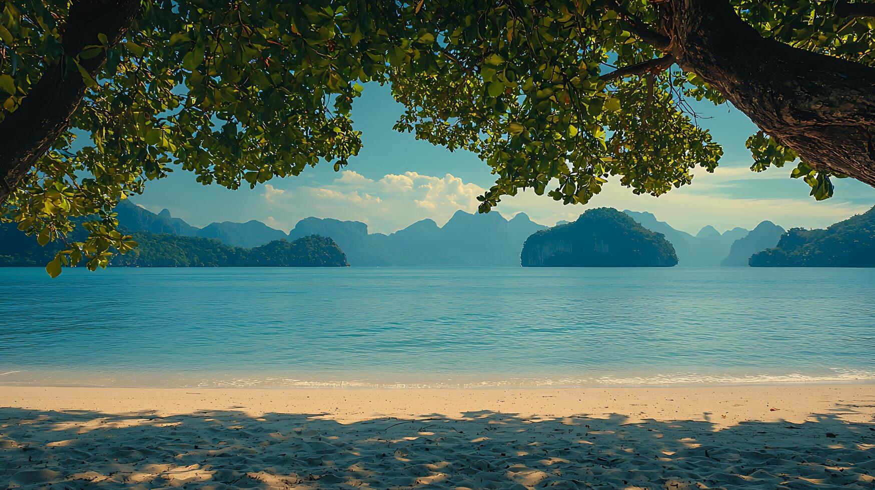 Tropical island paradise with turquoise waters and lush green foliage framing the view. This serene coastal landscape evokes feelings of peace and relaxation. photo