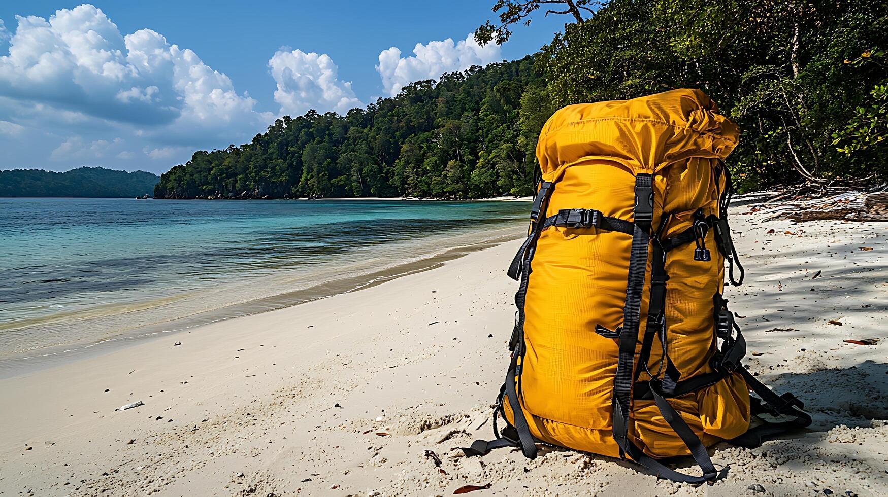 Yellow backpack rests on a pristine sandy beach next to calm turquoise waters and lush green jungle. photo