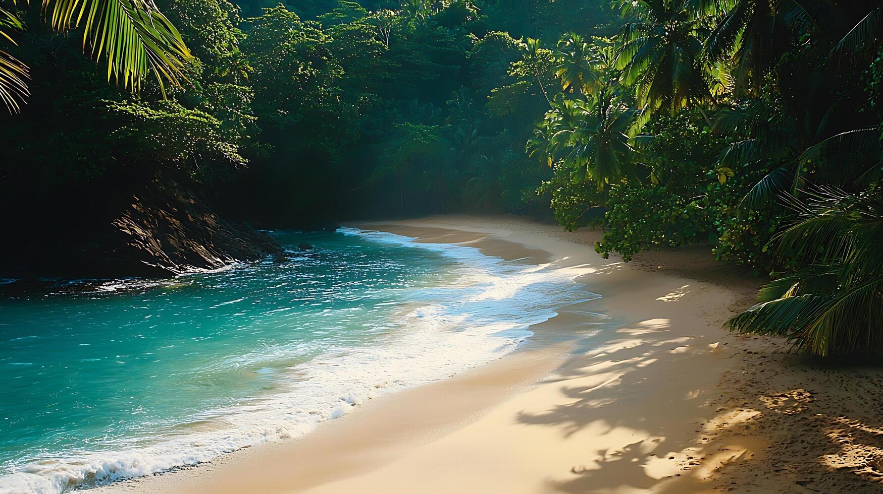 Serene tropical beach with lush palm trees and clear turquoise water. This idyllic scene captures the peaceful beauty of a secluded coastline. photo