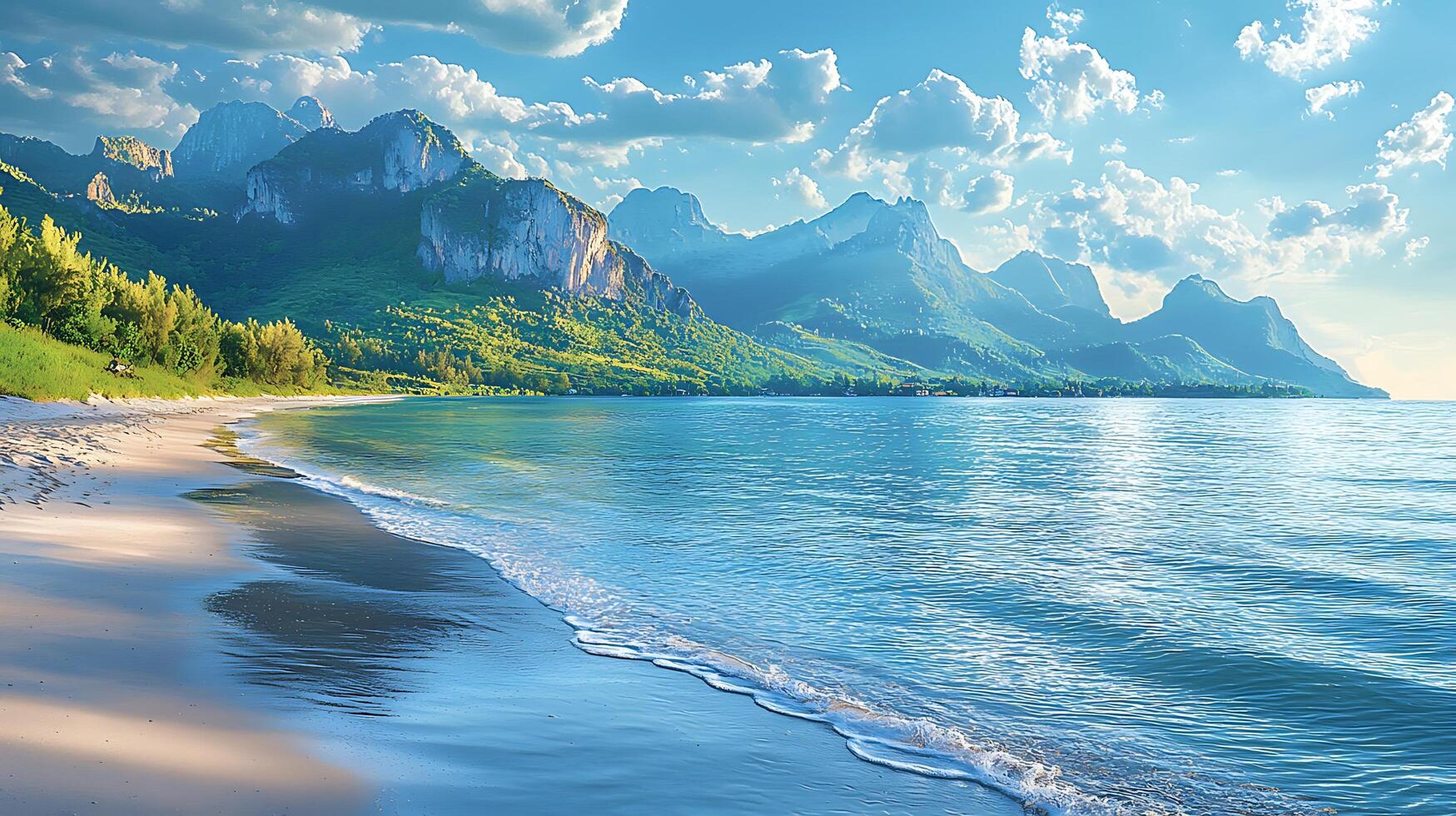 Breathtaking coastal paradise with majestic mountains meeting the turquoise sea. photo