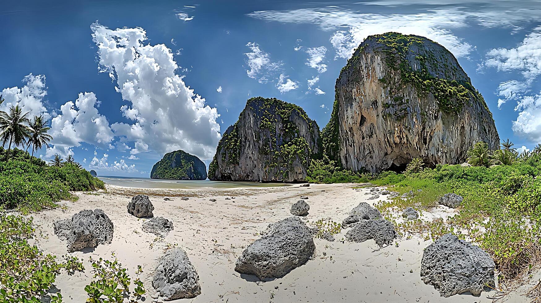A panoramic view of a serene tropical beach with dramatic limestone cliffs and palm trees under a bright blue sky. photo