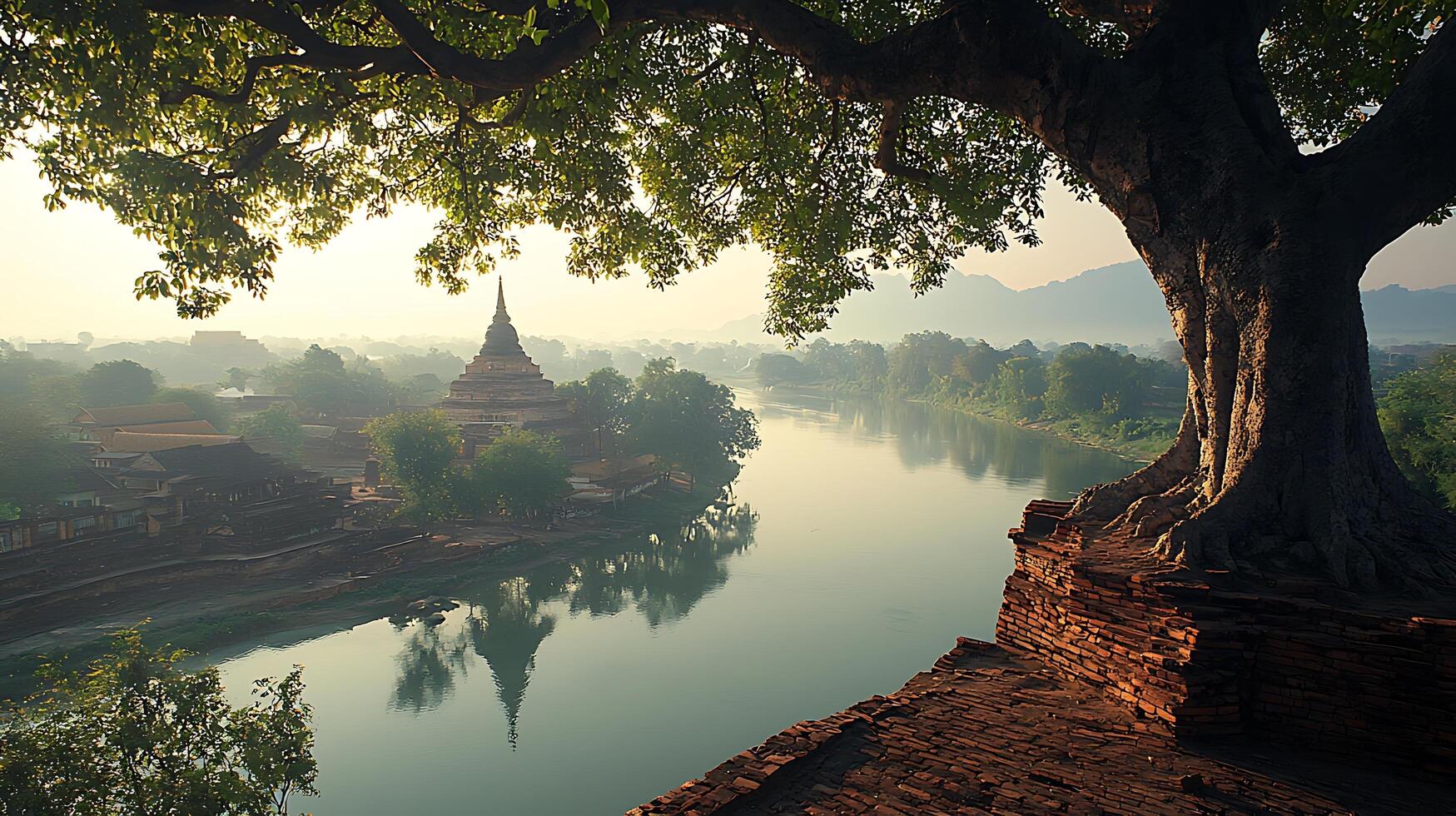 Ancient Temple Overlooking a Serene River at Sunrise. photo