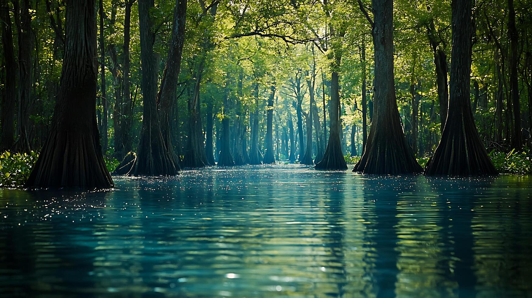 Serene Swamp Scene with Sunlight Filtering Through Cypress Trees. photo