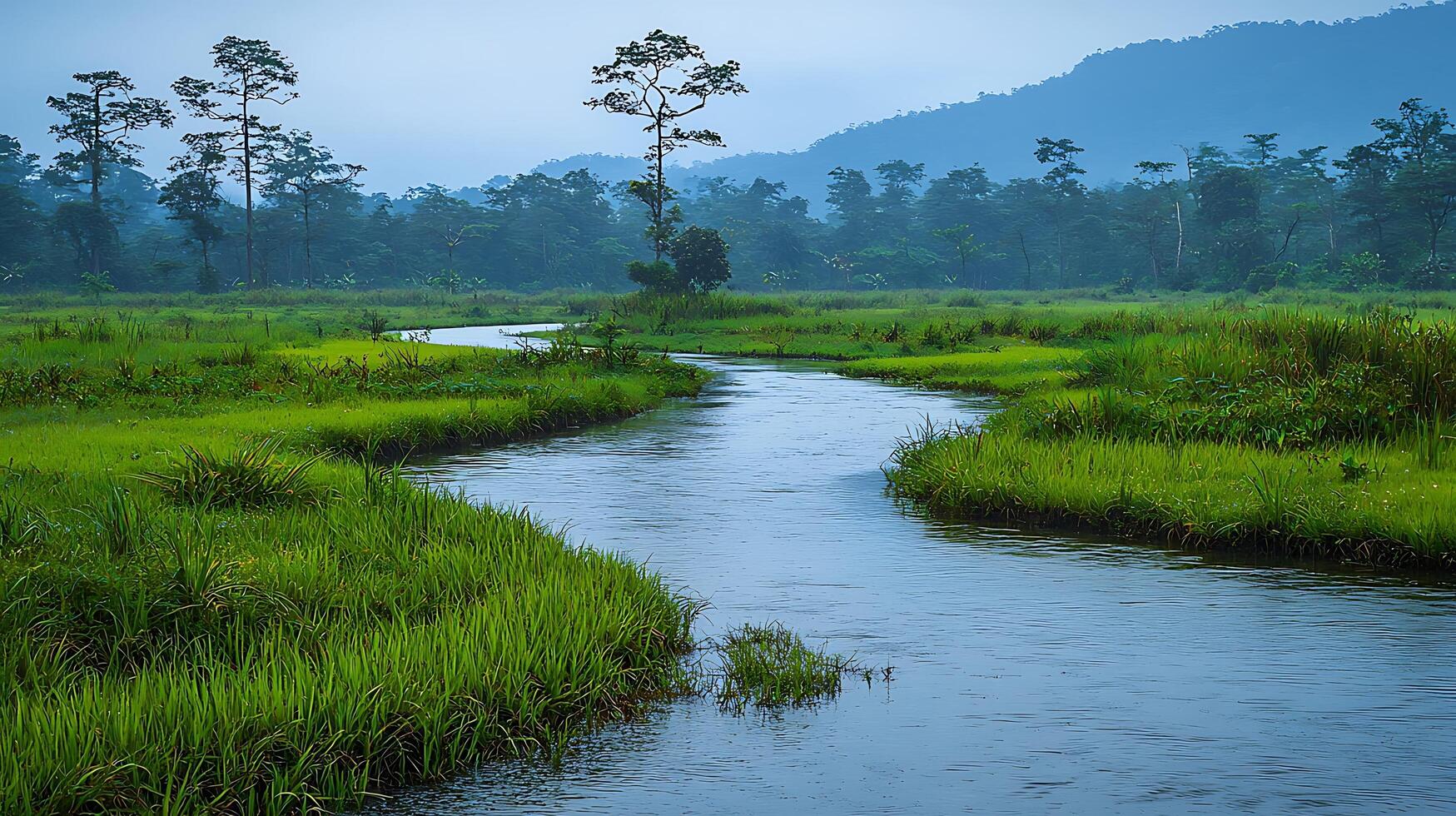 Serene Winding River Through Lush Green Meadow and Distant Foggy Mountains. photo