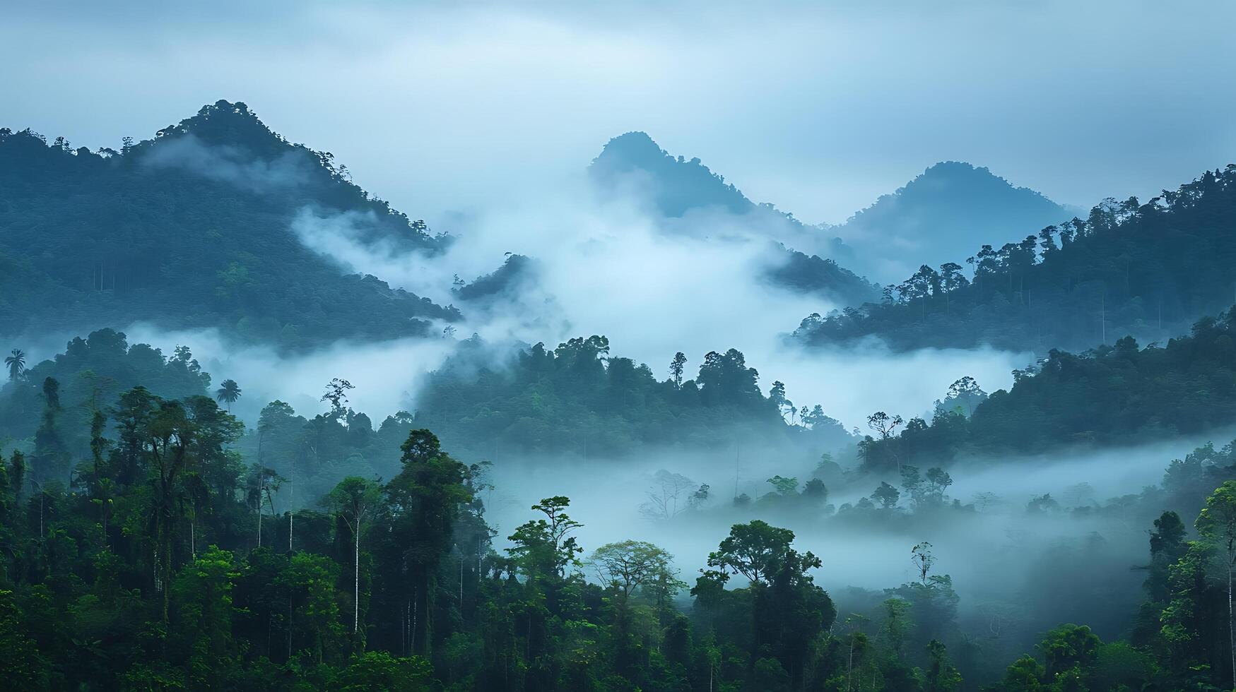 Misty Mountain Landscape with Lush Green Forest Peaks. This image captures the serene beauty of a tropical mountain range shrouded in ethereal mist. photo