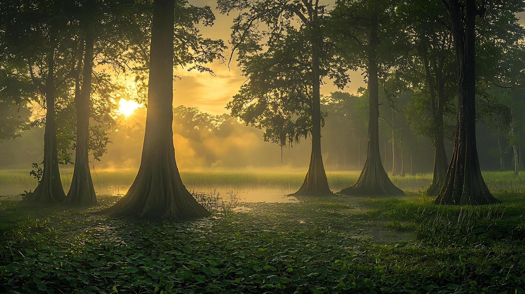 Misty morning sunbeams illuminate a swamp with ancient trees. Golden light filters through the dense foliage, creating an ethereal atmosphere. photo