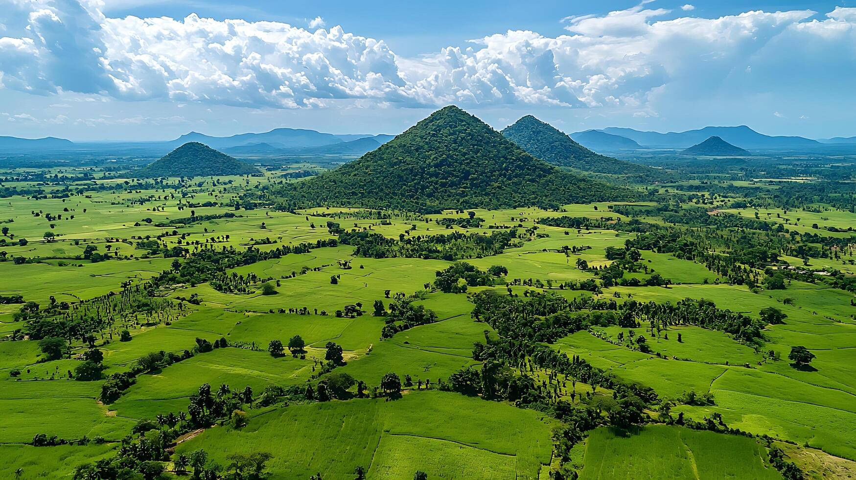 Lush green landscape with cone shaped hills and dramatic clouds. This aerial view showcases the vibrant expanse of cultivated fields and scattered trees under a partly cloudy sky. photo