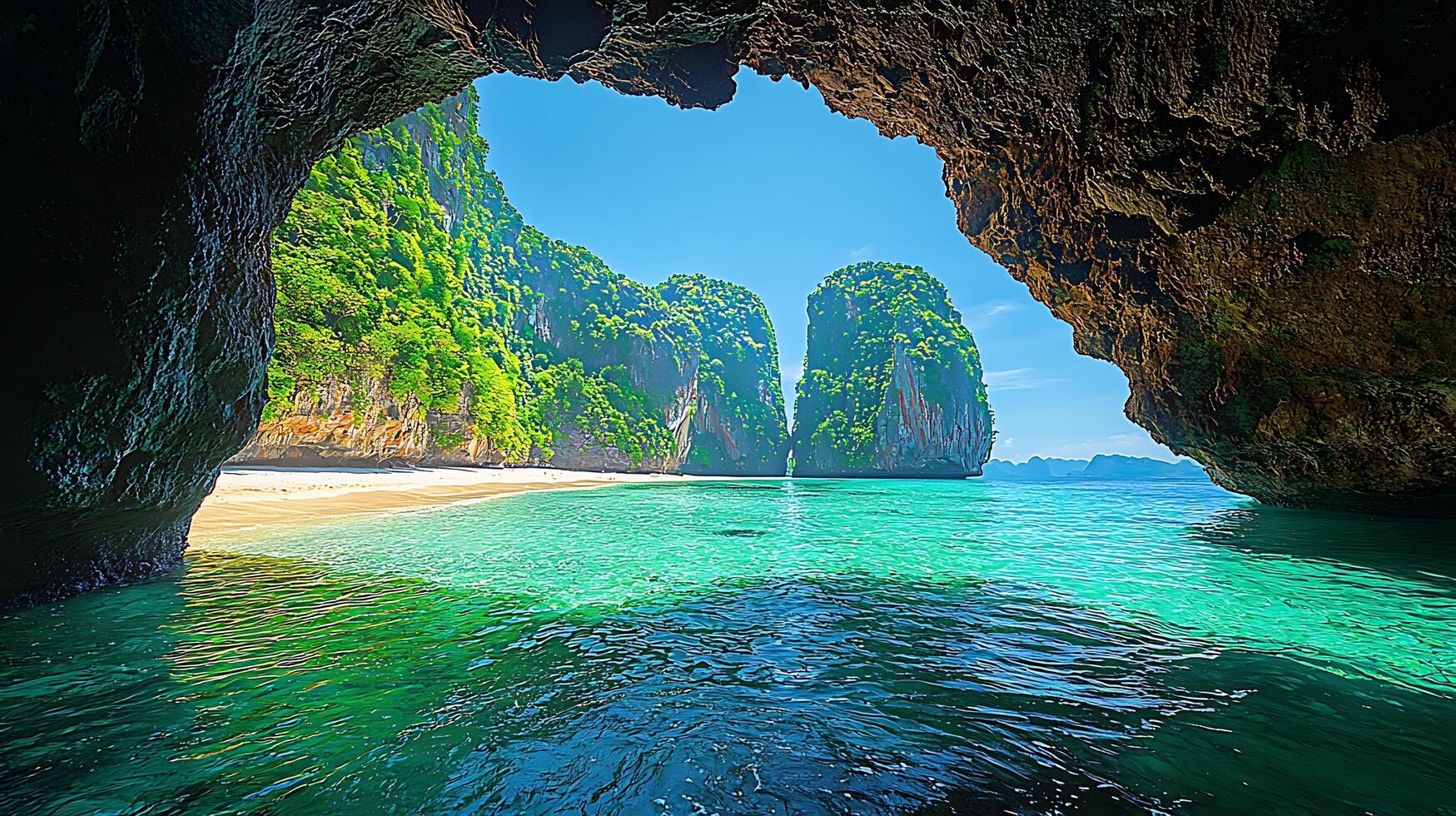 View of a tropical beach and limestone cliffs from inside a sea cave. photo
