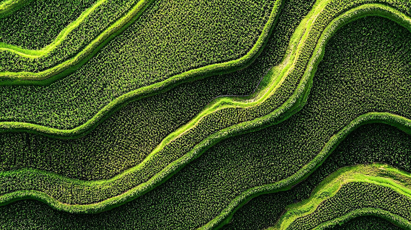 Top Down View of Lush Green Rice Terraces Bathed in Sunlight. The intricate patterns of the cultivated fields create a mesmerizing natural landscape. photo