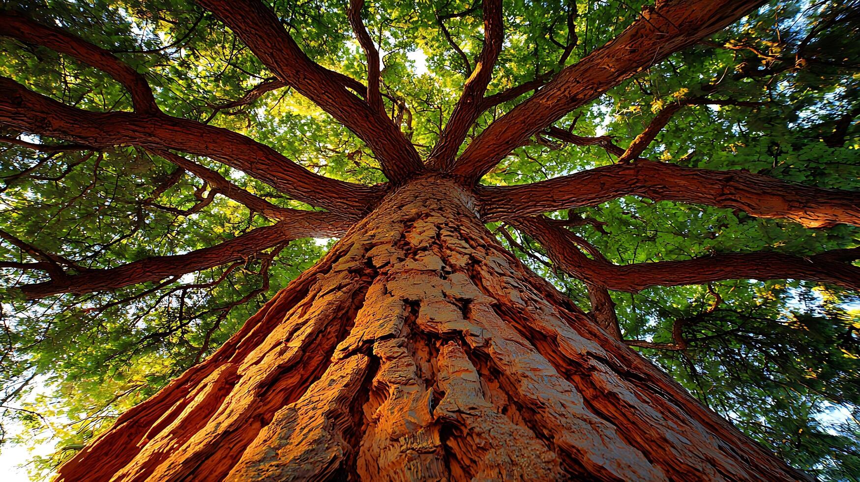 Majestic Tree Trunk Reaches Towards the Sky with Sunlight Filtering Through Leaves. photo