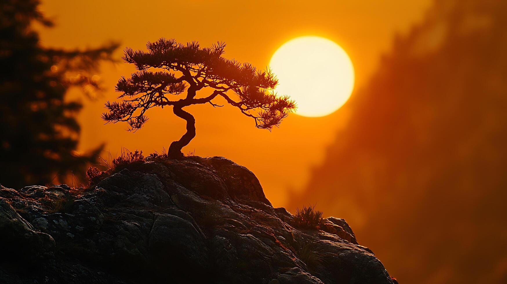 A solitary bonsai tree silhouetted against a vibrant sunset sky. The warm, golden light illuminates the textured rock formation and sparse vegetation. photo