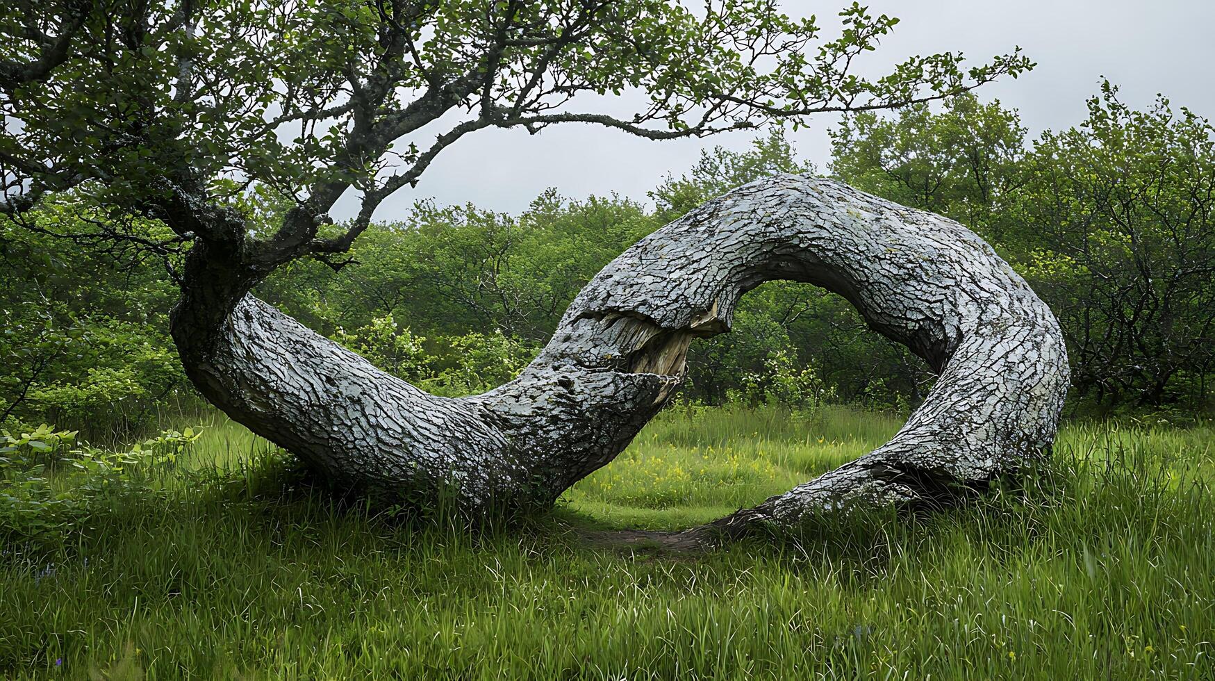 Unique naturally formed tree archway in a lush green meadow. photo