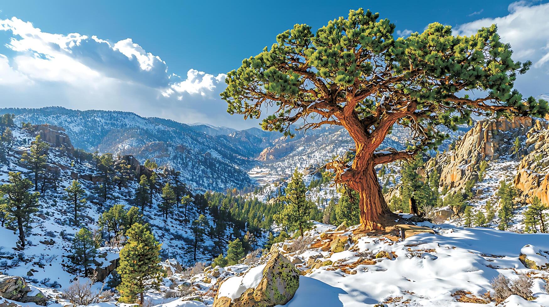 Majestic ancient pine tree stands proudly in a snow-covered mountain landscape under a vibrant blue sky. The scene captures the rugged beauty and tranquility of nature in winter. photo