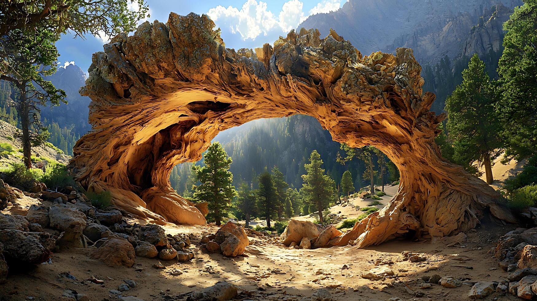 Natural Rock Archway in a Mountainous Landscape with Sunlight. This striking rock formation creates a natural archway framing a serene mountain view with lush greenery and dramatic skies. photo