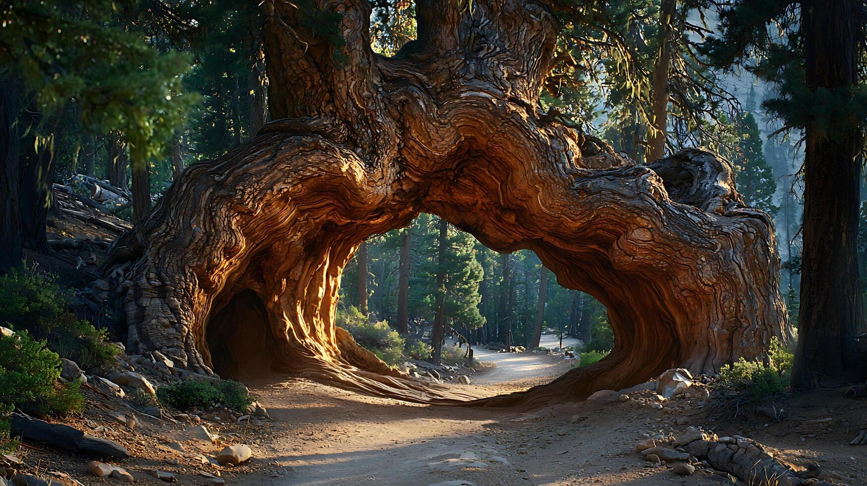 Ancient Tree Tunnel in a Sunlit Forest. A pathway leads through a natural archway formed by a massive, gnarled tree, bathed in warm sunlight filtering through the dense forest canopy. photo