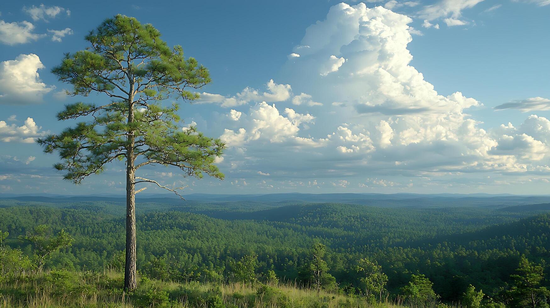 Solitary Pine Tree Stands Against a Dramatic Sky Over Rolling Hills. photo