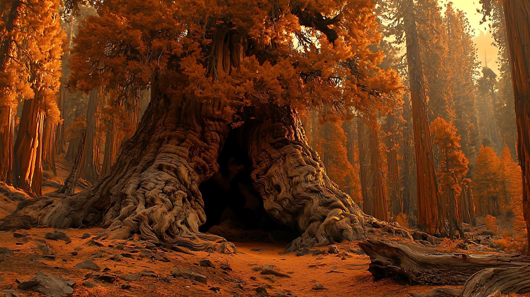 Ancient Giant Redwood Forest with Sunlit Canopy. photo