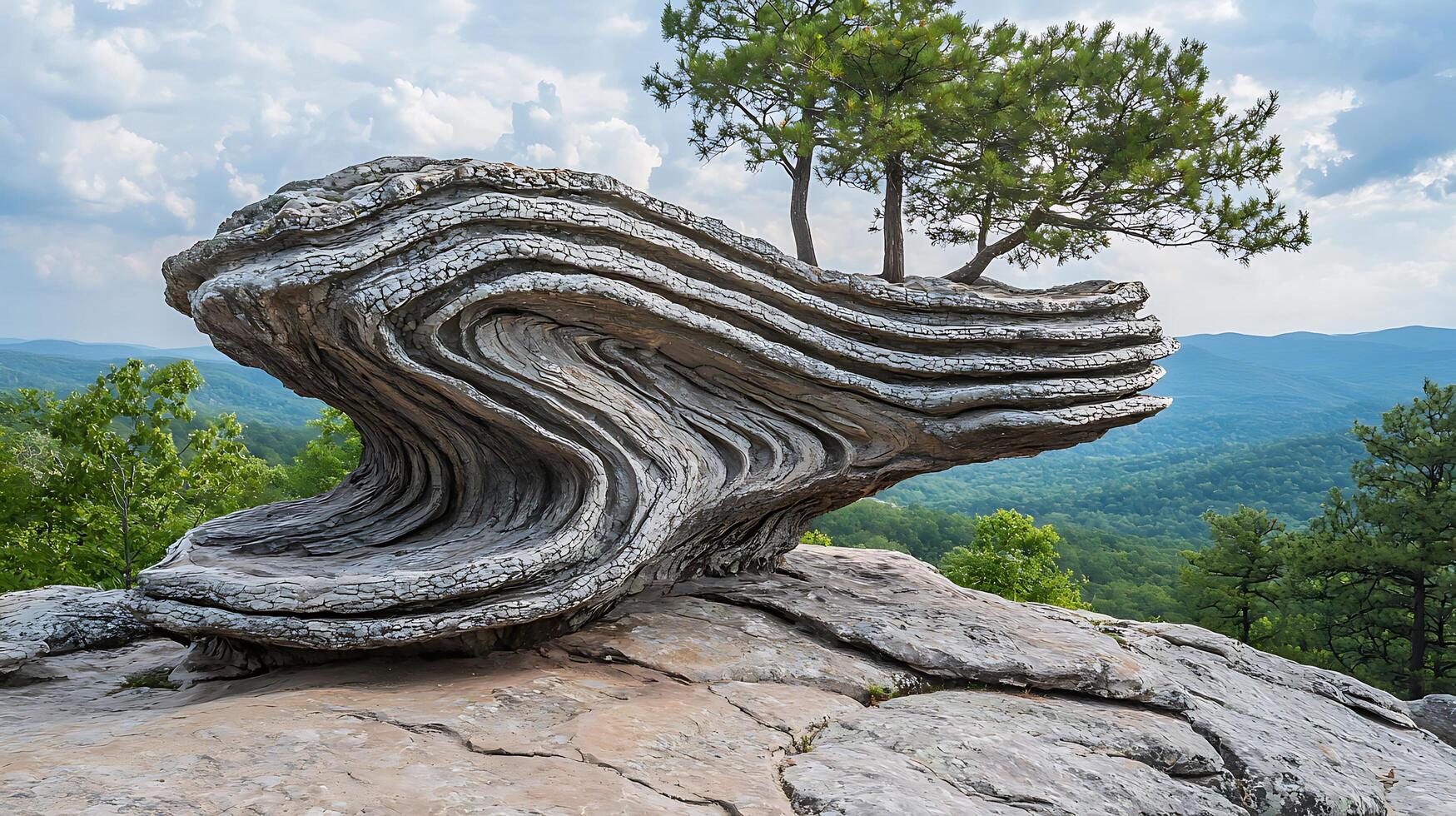 Ancient weathered rock formation with trees growing on top, overlooking a lush green valley. photo