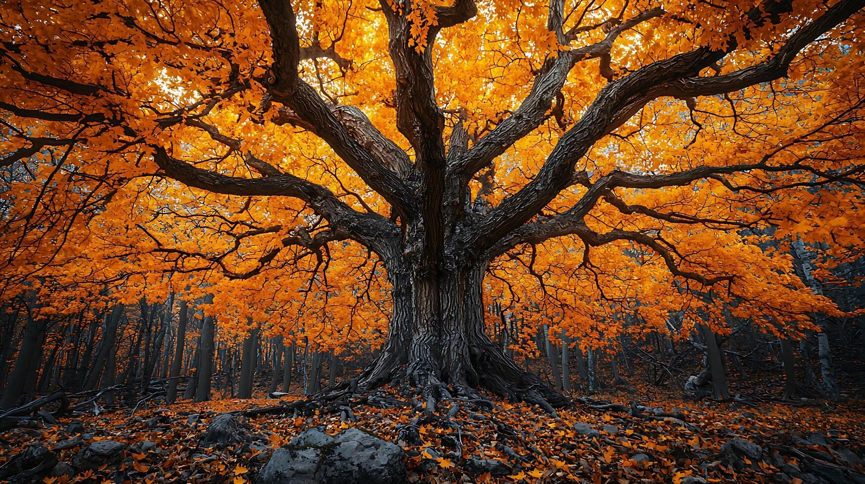 Majestic ancient tree with vibrant orange foliage in an autumn forest. The gnarled trunk and sprawling branches are illuminated by warm, dappled sunlight, creating a breathtaking natural spectacle. photo