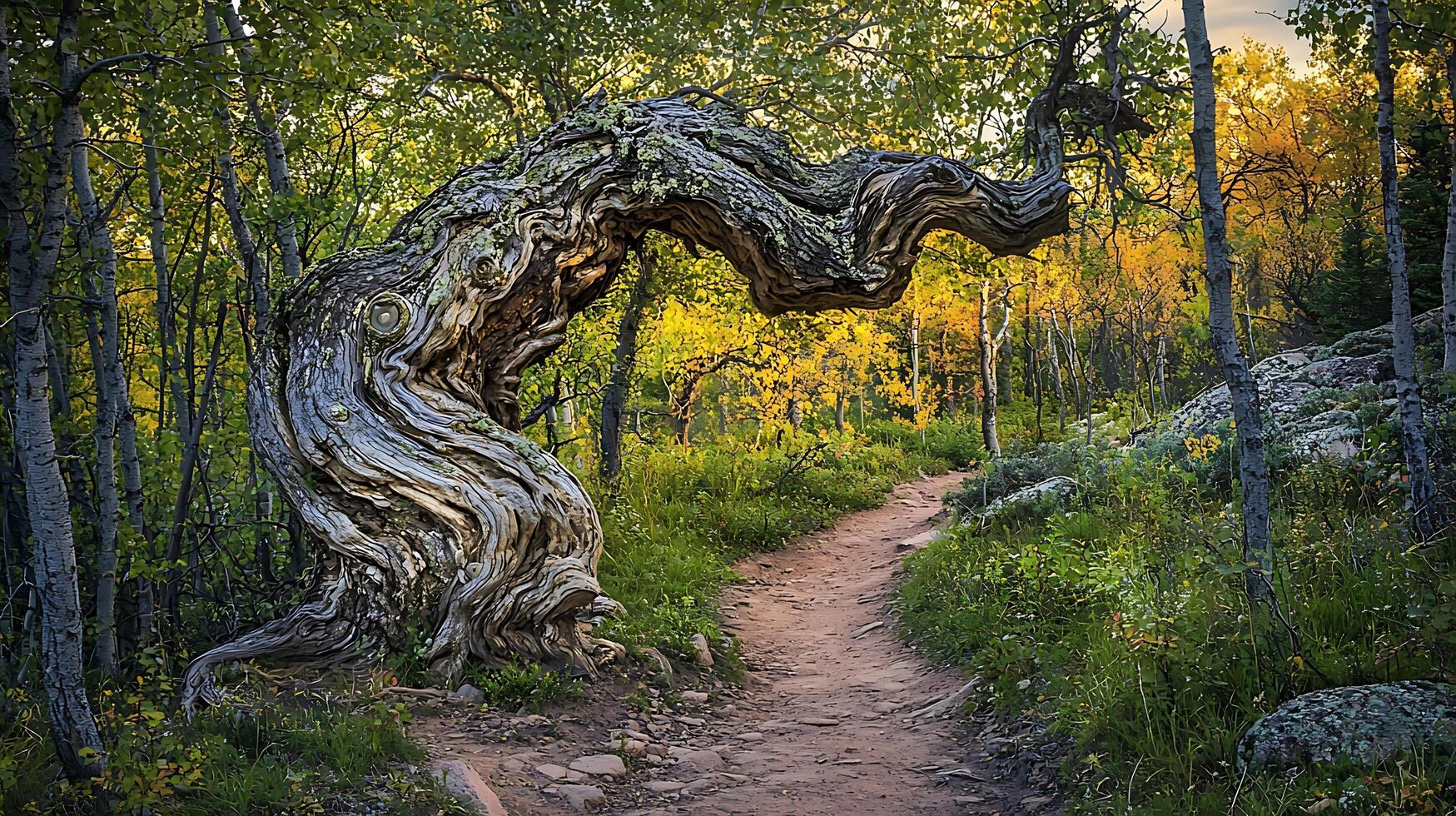 Ancient Twisted Tree Arching Over a Forest Path with Golden Autumn Foliage. photo
