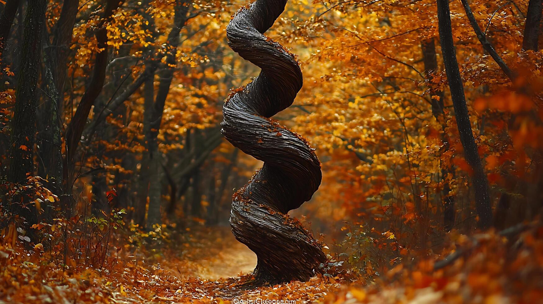 A twisted, dark tree trunk stands in a vibrant autumn forest with a carpet of fallen leaves. The surrounding trees are filled with warm, golden foliage, creating a magical and evocative scene. photo