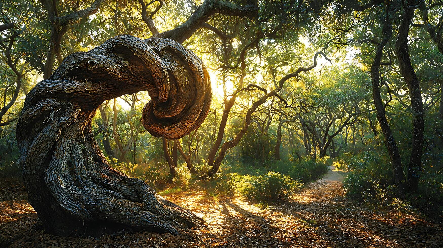 Ancient, Twisted Tree Trunk Illuminated by Golden Sunlight in a Forest Path. photo